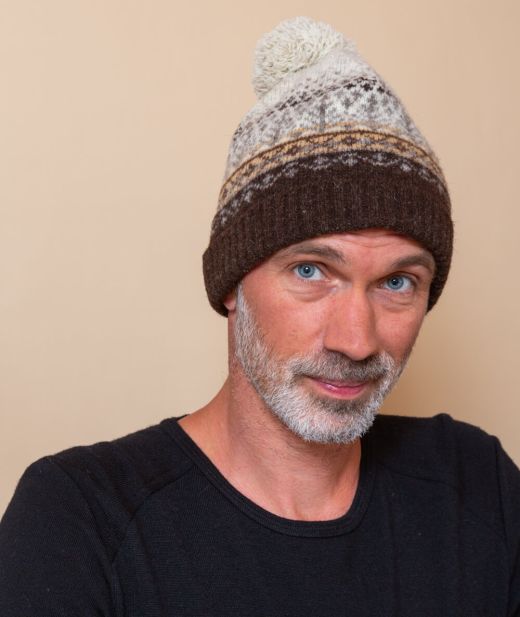 Bonnet jacquard en laine mixte Burel/Kasha, chaud et naturel, fabriqué artisanalement en France